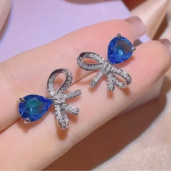 Blue Teardrop Bow Earrings - Picture 2 of 2
